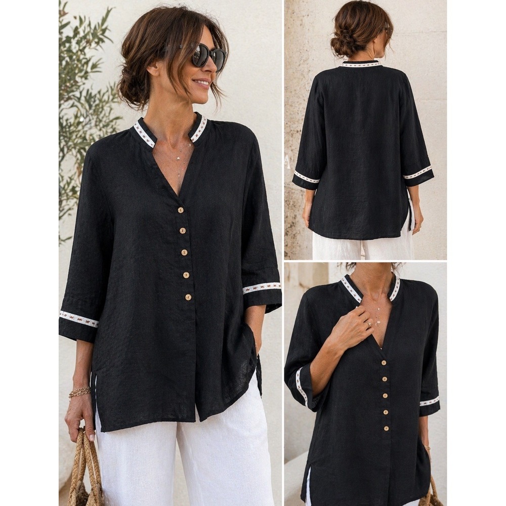 Autograph 100% Linen Tunic Button Up Shirt XL Black Embroidered Trim Minimalist